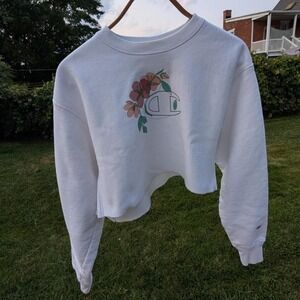 Champion Reverse Weave White Floral Logo Cropped Sweatshirt Medium